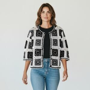 Christopher & Banks Cardigan Sweater Womens Large Black White Crochet Boho